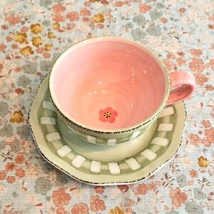 Vintage Wedgewood Franciscan Flora Earthenware Lg Coffee Tea Cup Pink Green 8"